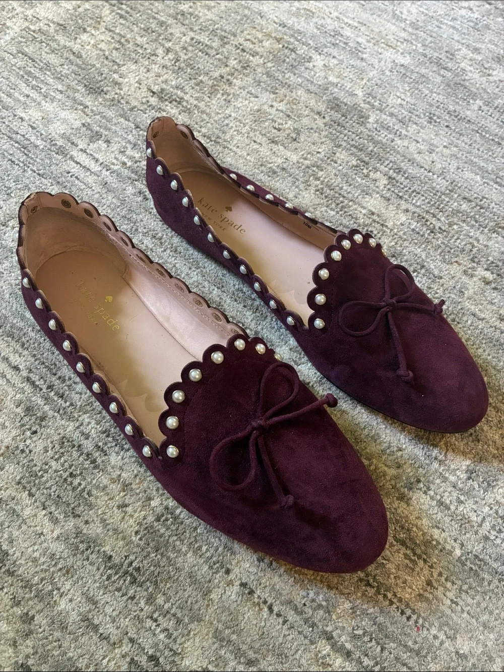 kate spade Women's Burgundy Suede Pearl-Trim Ballet Flats - size 10